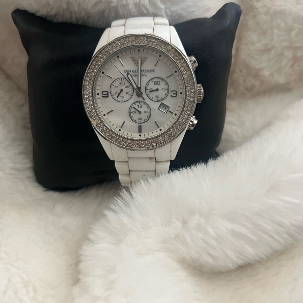 Emporio Armani White Ceramic Crystal Bezel Chronograph